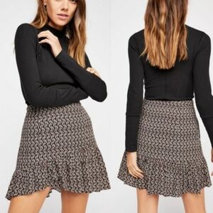 Free People Black & Cream Printed Ruffle Hem Mini Skirt